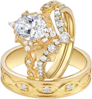S925/10K/14K/18K Solid Gold Couple Rings Set, Moissanite Wedding Ring Sets for Couples, Customized Matching Wedding Band Sets Anniversary Promise for Him and Her, Free Engraving & Gift Box