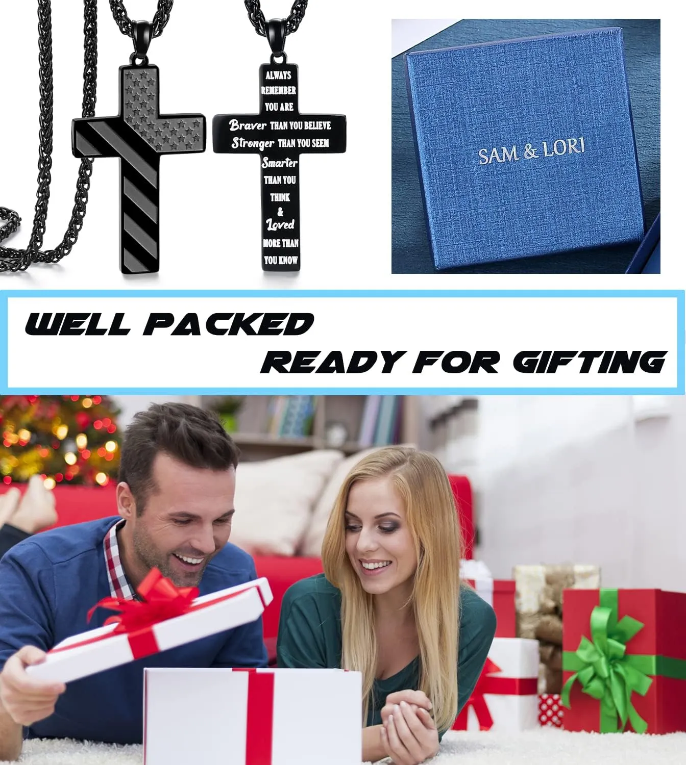 SAM & LORI Gifts for Teens/Men, American Flag Cross Necklace for Son/Boyfriend/Husband/Father on Birthday/Graduation/Fathers Day