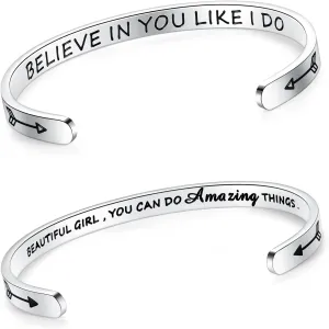 SAM & LORI Set of 2 Bracelets for Women Teens Engraved Believe in You Like I Do and Beautiful Girl You Can Do Amazing Things