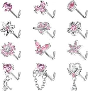 Sanfenly 12 PCS 20G Nose Rings Surgical Stainless Steel, L Shaped Nose Studs for Women Men, CZ Heart Butterfly Flower Leaf Moon Dangle Cute Nose Piercings Studs Screw Jewelry Pink/Purple/Blue/Clear