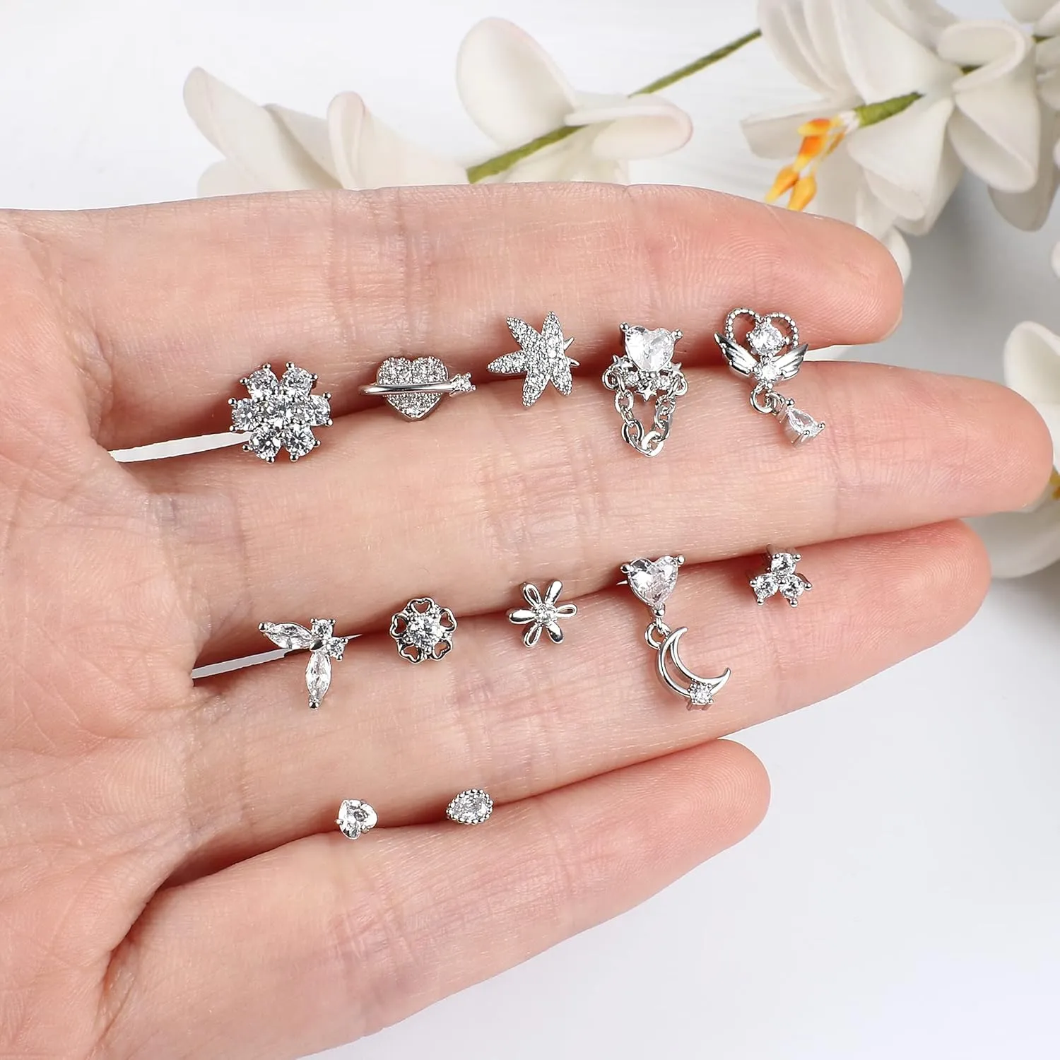 Sanfenly 12 PCS 20G Nose Rings Surgical Stainless Steel, L Shaped Nose Studs for Women Men, CZ Heart Butterfly Flower Leaf Moon Dangle Cute Nose Piercings Studs Screw Jewelry Pink/Purple/Blue/Clear