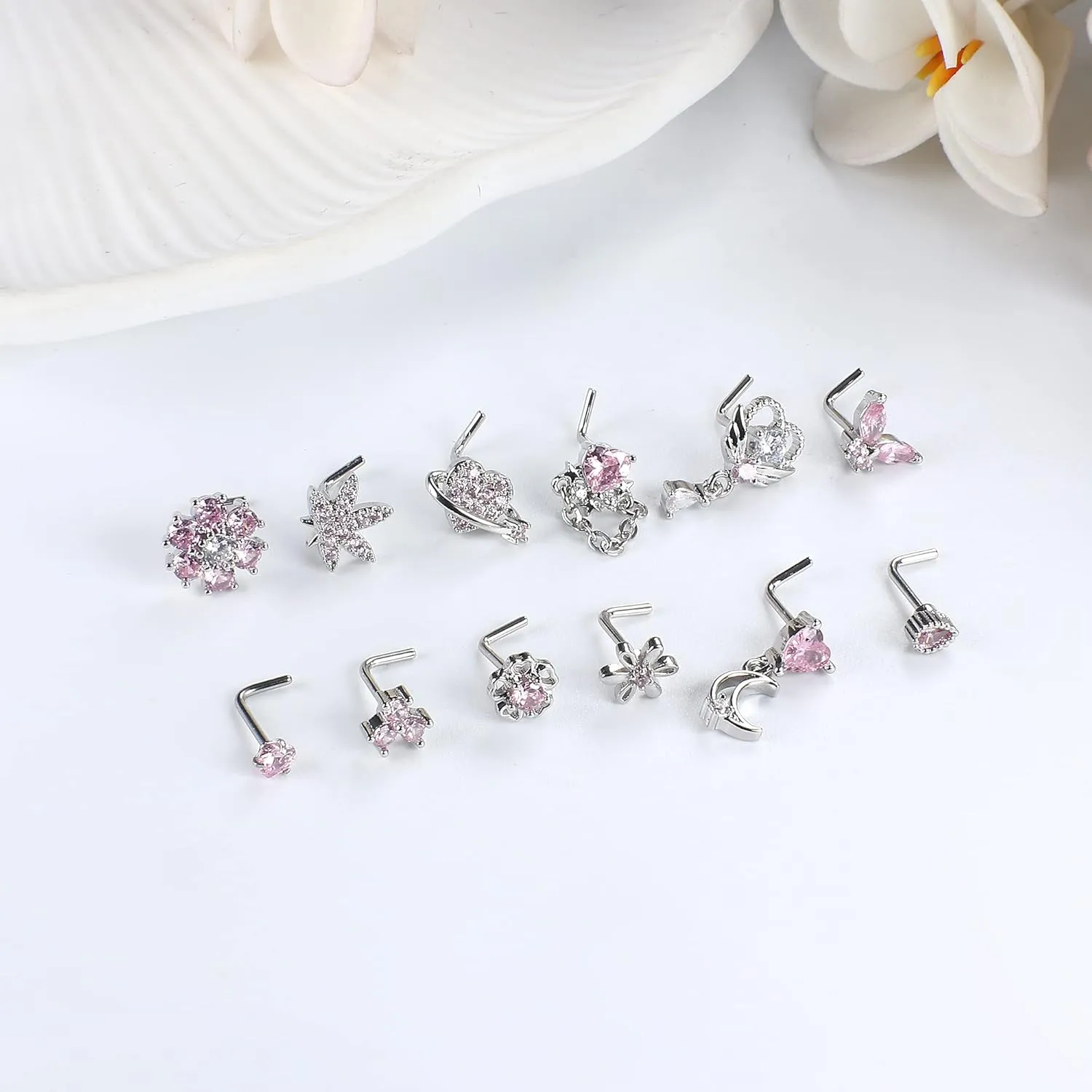 Sanfenly 12 PCS 20G Nose Rings Surgical Stainless Steel, L Shaped Nose Studs for Women Men, CZ Heart Butterfly Flower Leaf Moon Dangle Cute Nose Piercings Studs Screw Jewelry Pink/Purple/Blue/Clear