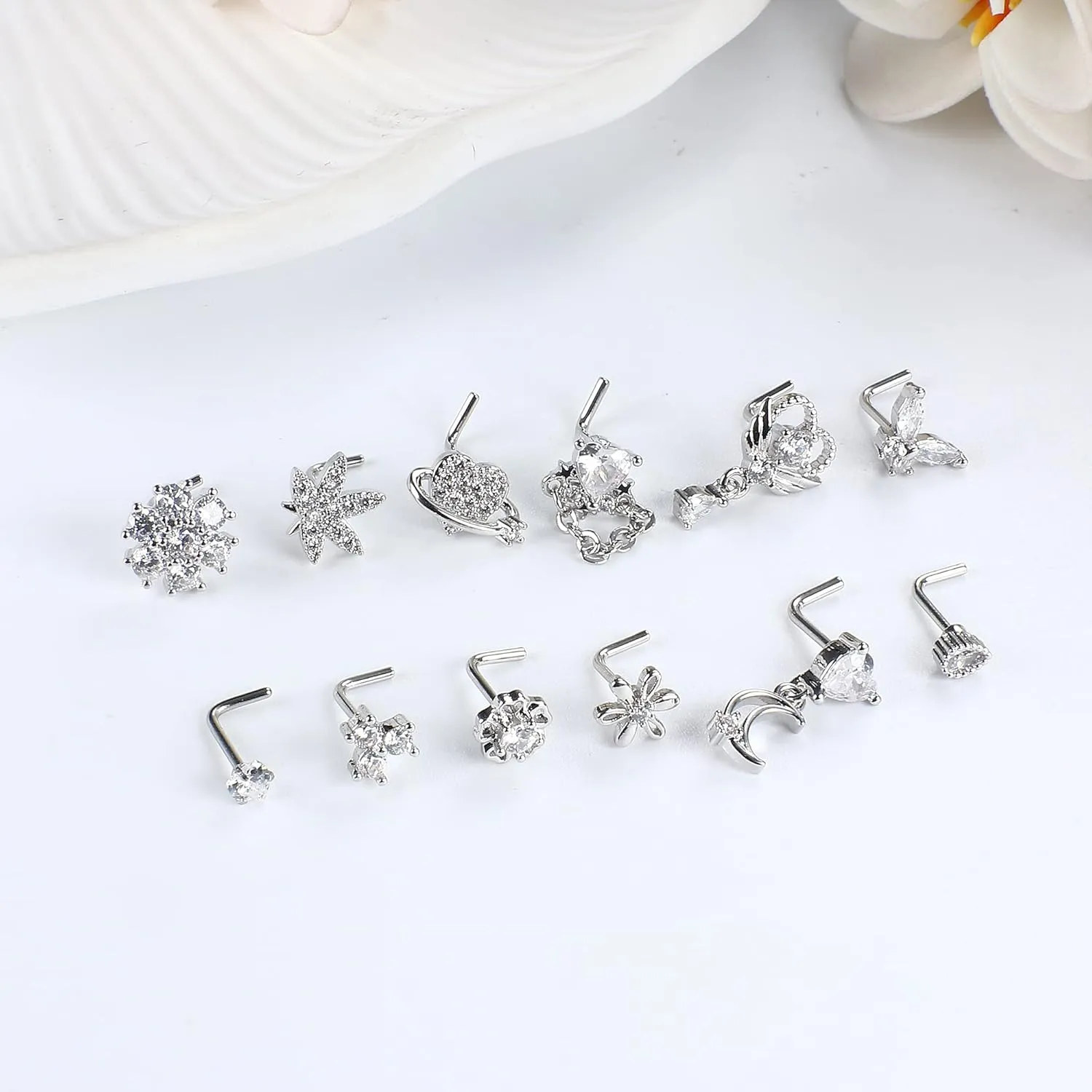 Sanfenly 12 PCS 20G Nose Rings Surgical Stainless Steel, L Shaped Nose Studs for Women Men, CZ Heart Butterfly Flower Leaf Moon Dangle Cute Nose Piercings Studs Screw Jewelry Pink/Purple/Blue/Clear