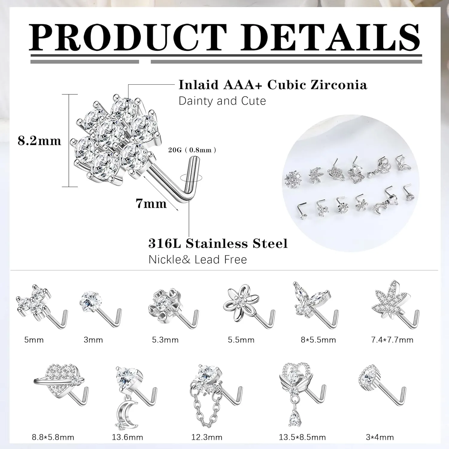 Sanfenly 12 PCS 20G Nose Rings Surgical Stainless Steel, L Shaped Nose Studs for Women Men, CZ Heart Butterfly Flower Leaf Moon Dangle Cute Nose Piercings Studs Screw Jewelry Pink/Purple/Blue/Clear