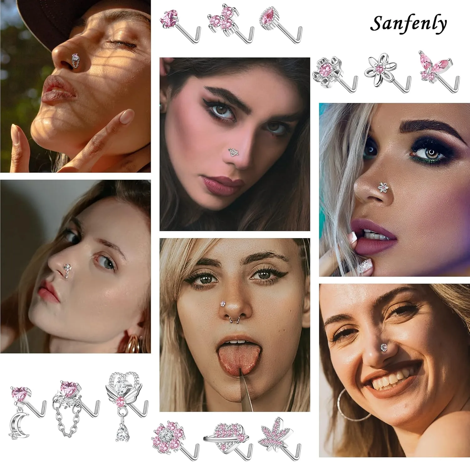 Sanfenly 12 PCS 20G Nose Rings Surgical Stainless Steel, L Shaped Nose Studs for Women Men, CZ Heart Butterfly Flower Leaf Moon Dangle Cute Nose Piercings Studs Screw Jewelry Pink/Purple/Blue/Clear