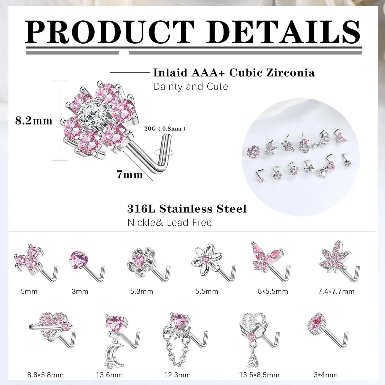 Sanfenly 12 PCS 20G Nose Rings Surgical Stainless Steel, L Shaped Nose Studs for Women Men, CZ Heart Butterfly Flower Leaf Moon Dangle Cute Nose Piercings Studs Screw Jewelry Pink/Purple/Blue/Clear
