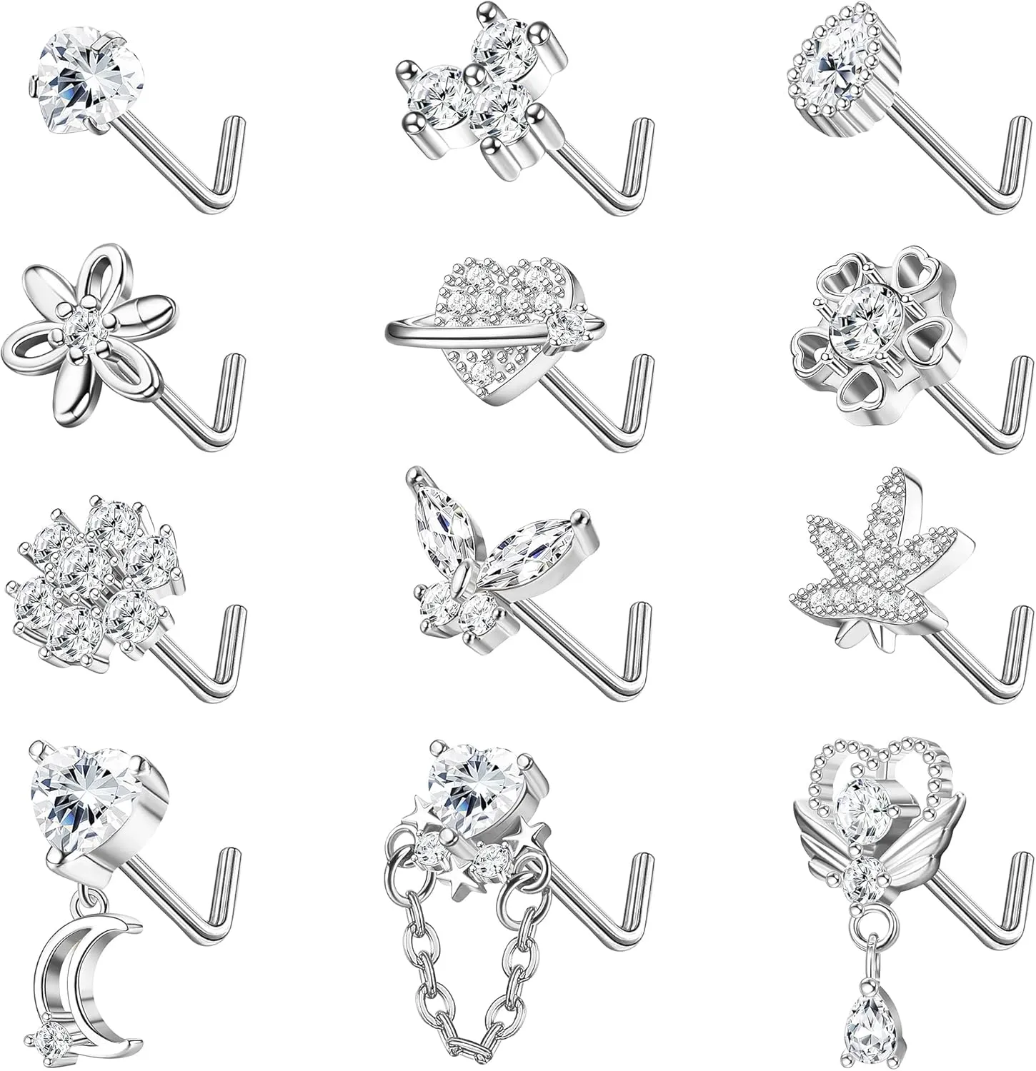 Sanfenly 12 PCS 20G Nose Rings Surgical Stainless Steel, L Shaped Nose Studs for Women Men, CZ Heart Butterfly Flower Leaf Moon Dangle Cute Nose Piercings Studs Screw Jewelry Pink/Purple/Blue/Clear
