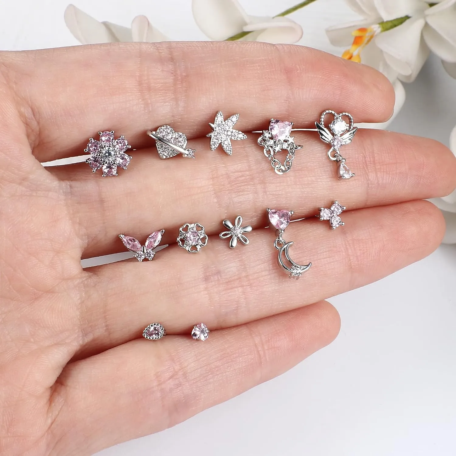 Sanfenly 12 PCS 20G Nose Rings Surgical Stainless Steel, L Shaped Nose Studs for Women Men, CZ Heart Butterfly Flower Leaf Moon Dangle Cute Nose Piercings Studs Screw Jewelry Pink/Purple/Blue/Clear