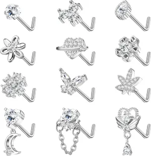 Sanfenly 12 PCS 20G Nose Rings Surgical Stainless Steel, L Shaped Nose Studs for Women Men, CZ Heart Butterfly Flower Leaf Moon Dangle Cute Nose Piercings Studs Screw Jewelry Pink/Purple/Blue/Clear