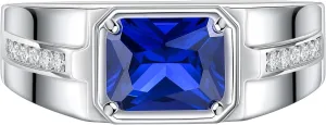 Sapphire Ring 925 Sterling Silver Mens Wedding Band Pave 5A Cubic Zirconia Round Cut Blue Gemstone Promise Ring For Him Size 7-14