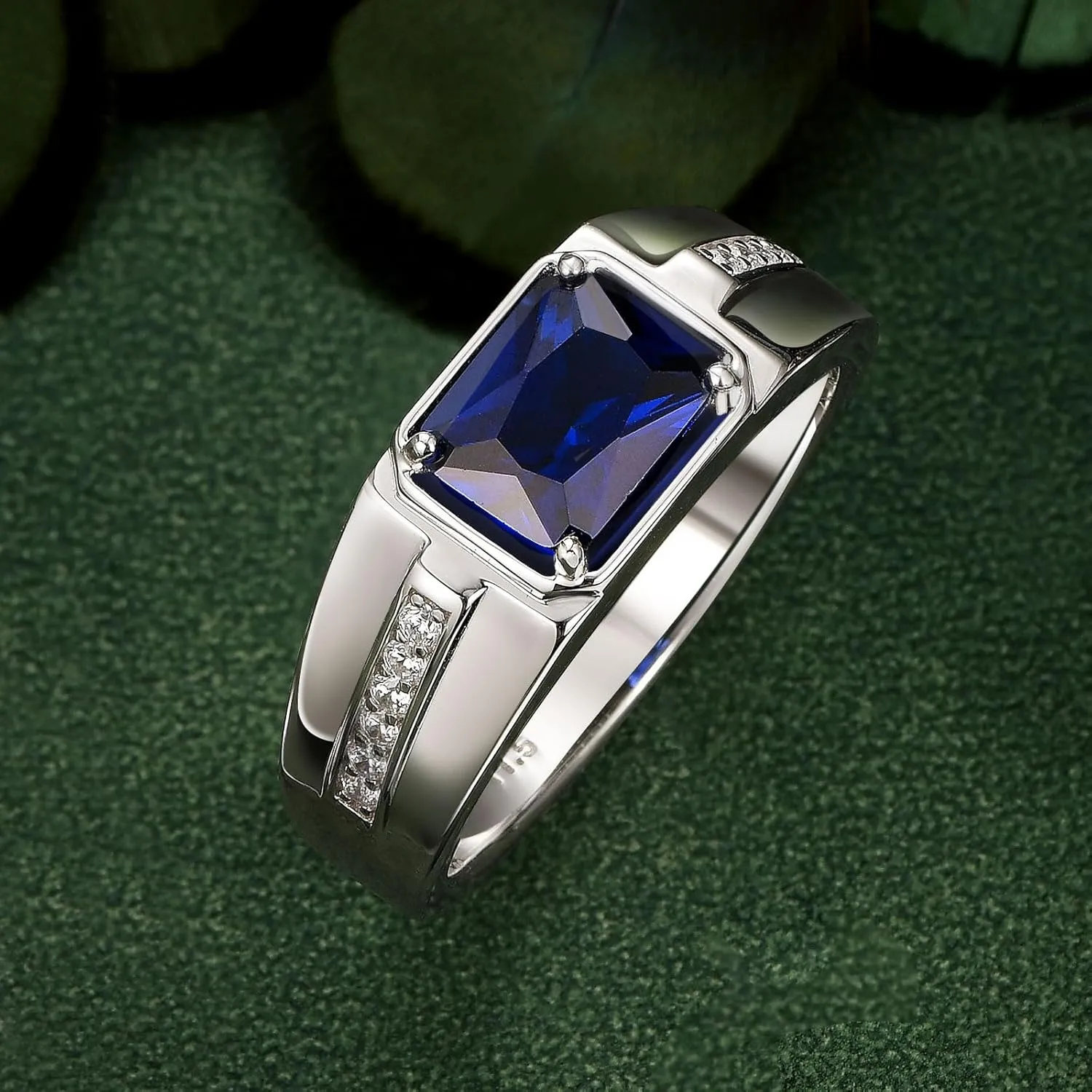 Sapphire Ring 925 Sterling Silver Mens Wedding Band Pave 5A Cubic Zirconia Round Cut Blue Gemstone Promise Ring For Him Size 7-14