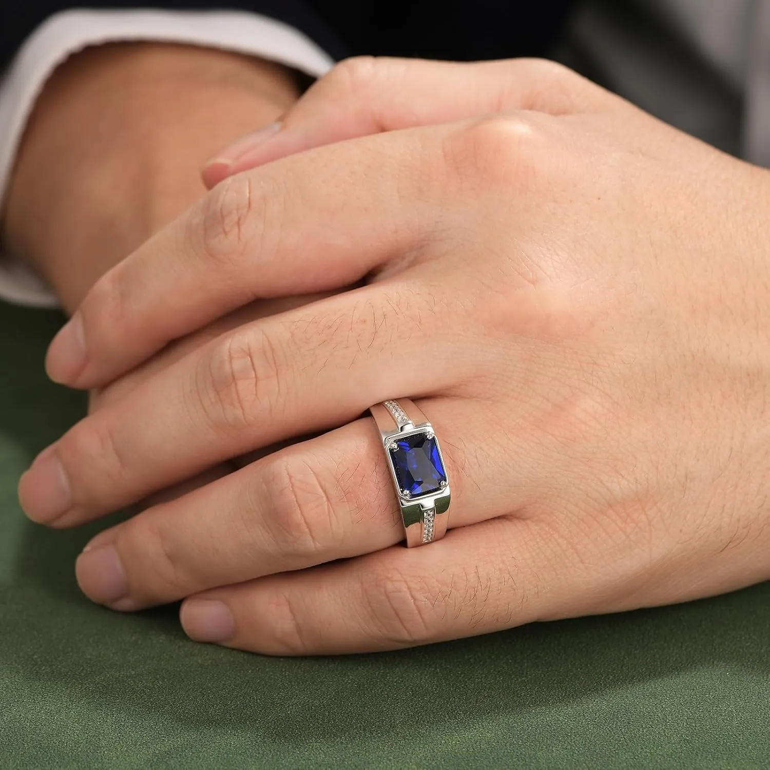 Sapphire Ring 925 Sterling Silver Mens Wedding Band Pave 5A Cubic Zirconia Round Cut Blue Gemstone Promise Ring For Him Size 7-14