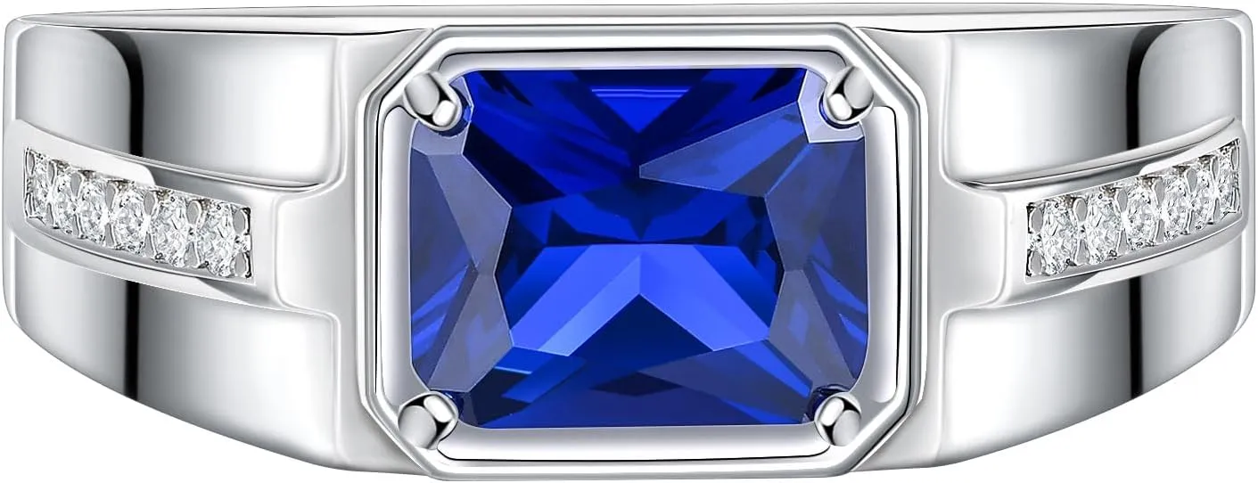 Sapphire Ring 925 Sterling Silver Mens Wedding Band Pave 5A Cubic Zirconia Round Cut Blue Gemstone Promise Ring For Him Size 7-14