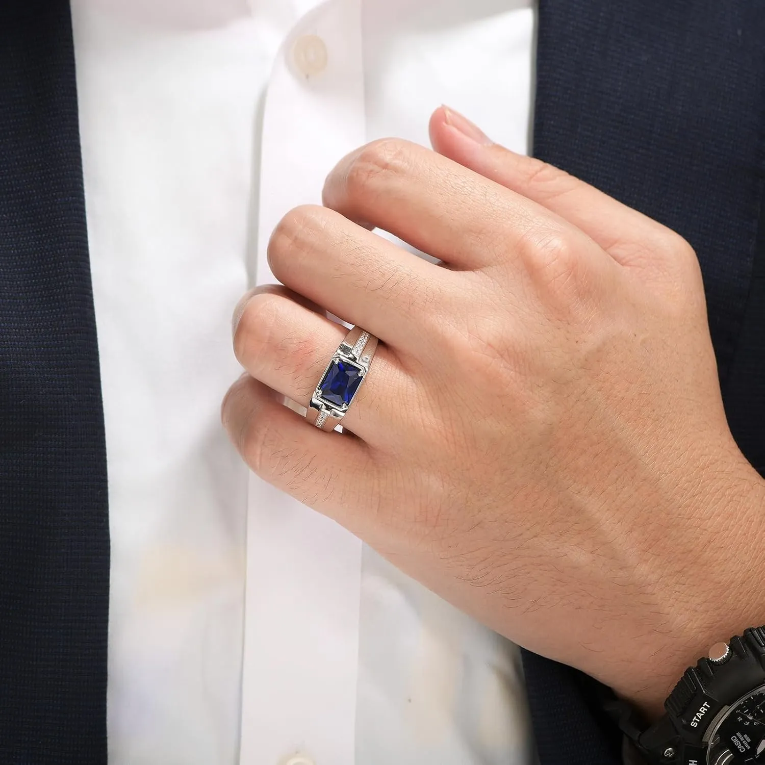 Sapphire Ring 925 Sterling Silver Mens Wedding Band Pave 5A Cubic Zirconia Round Cut Blue Gemstone Promise Ring For Him Size 7-14