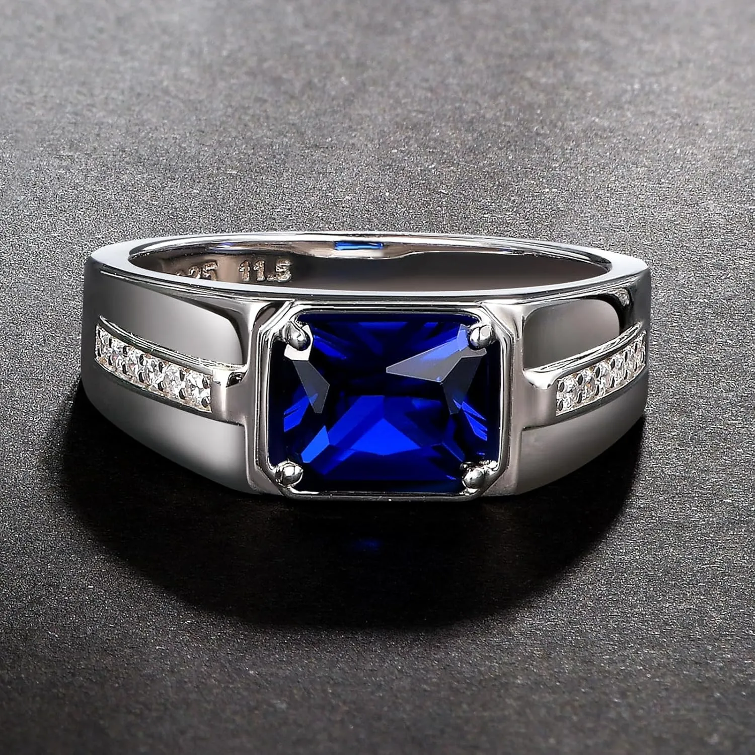 Sapphire Ring 925 Sterling Silver Mens Wedding Band Pave 5A Cubic Zirconia Round Cut Blue Gemstone Promise Ring For Him Size 7-14