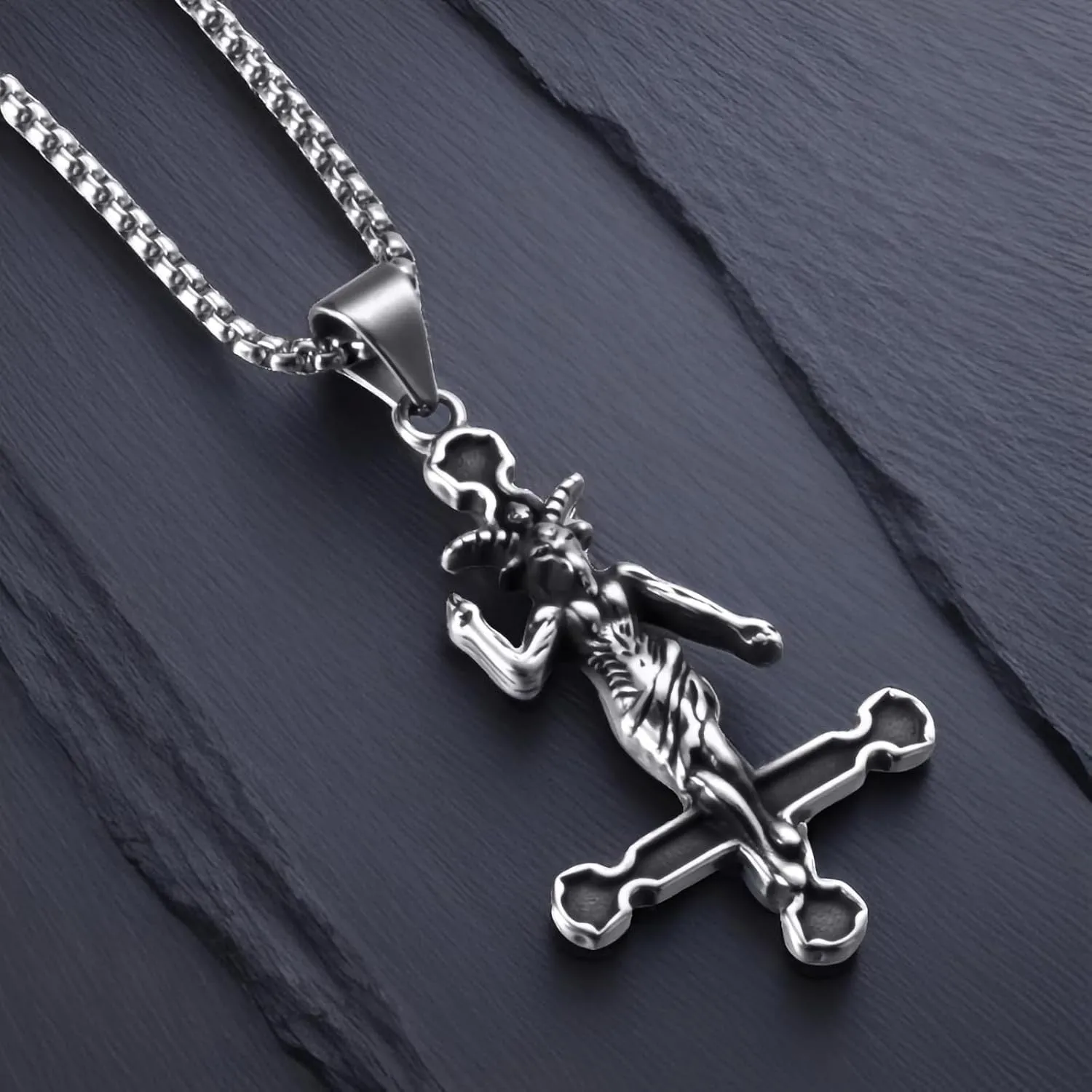 Satanic Necklace, Sigil of Baphomet Necklace, Stainless Steel Satan Church Jewelry, 3D Devil Demon Satan Goat Necklaces for Men Women