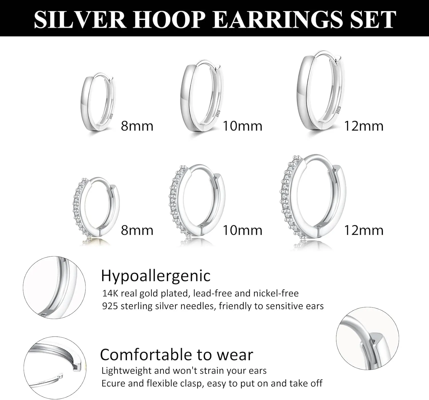 Senteria 925 Sterling Silver Plated Hoop Earring 5 Pairs Small Silver Hoop Earrings Hypoallergenic Silver Hoop Earring for Women Cartilage Sleepers Huggie Earrings Sets 8/10/12/14/16mm