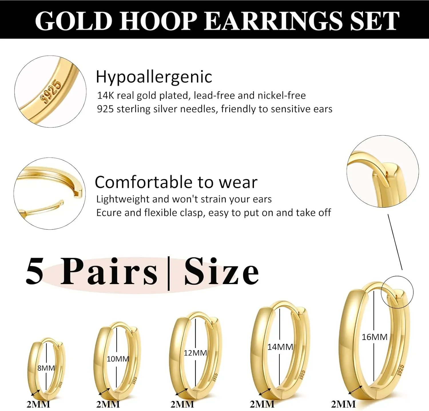 Senteria 925 Sterling Silver Plated Hoop Earring 5 Pairs Small Silver Hoop Earrings Hypoallergenic Silver Hoop Earring for Women Cartilage Sleepers Huggie Earrings Sets 8/10/12/14/16mm