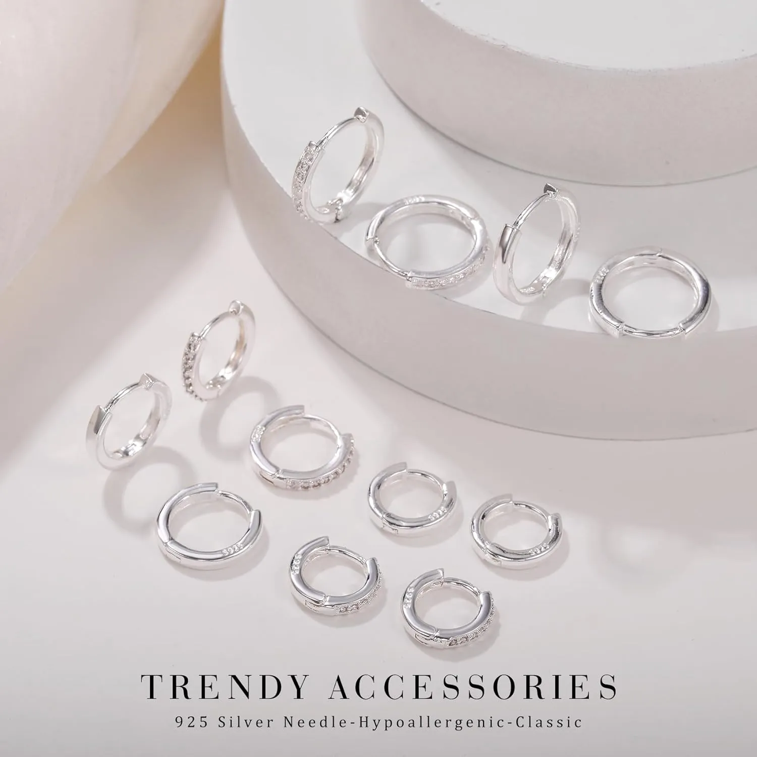 Senteria 925 Sterling Silver Plated Hoop Earring 5 Pairs Small Silver Hoop Earrings Hypoallergenic Silver Hoop Earring for Women Cartilage Sleepers Huggie Earrings Sets 8/10/12/14/16mm