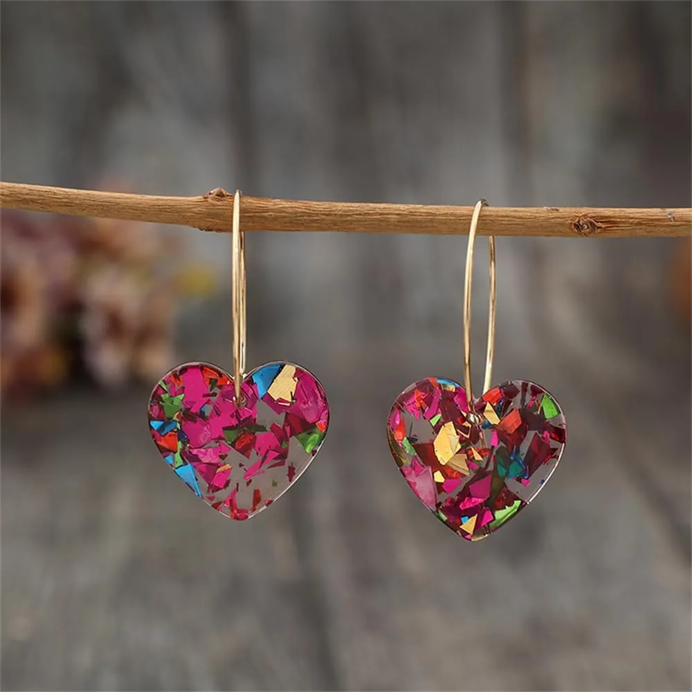 Shiny Love Dangle Earrings Acrylic Heart Shaped Hoop Earrings Statement Resin Jewelry Valentines Mothers Day Gifts for Women Lovers