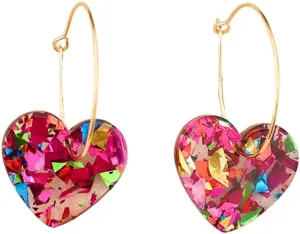 Shiny Love Dangle Earrings Acrylic Heart Shaped Hoop Earrings Statement Resin Jewelry Valentines Mothers Day Gifts for Women Lovers