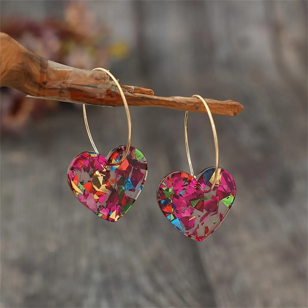 Shiny Love Dangle Earrings Acrylic Heart Shaped Hoop Earrings Statement Resin Jewelry Valentines Mothers Day Gifts for Women Lovers