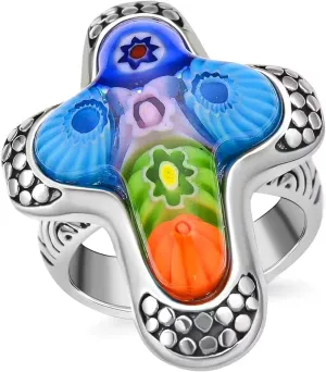SHOP LC Multi Color Stainless Steel Murano Style Millefiori Glass Black Oxidized Statement Ring Catholic Faith Christian Religious Birthday Jewelry Mothers Day Gifts for Women