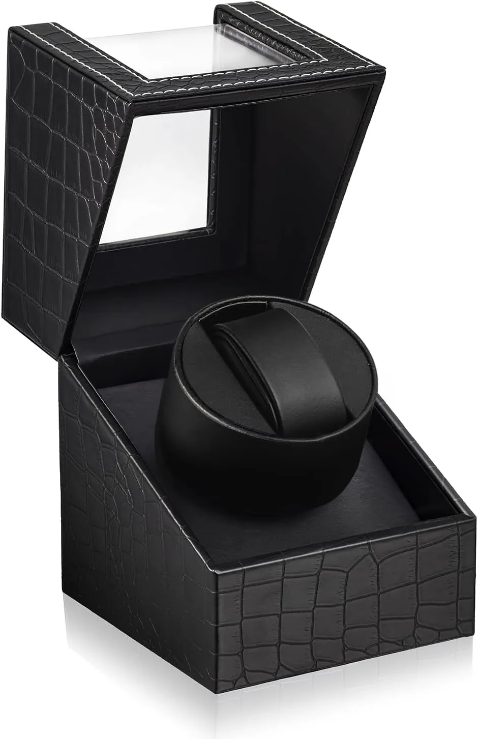 SHOWPIN Automatic Single Watch Winder in Black Fiber Leather with Japanese Quiet Motor Flexible Watch Pillow Bidirection Rotation for Men and Women Battery Powered or AC Adapter
