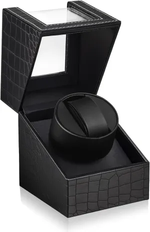 SHOWPIN Automatic Single Watch Winder in Black Fiber Leather with Japanese Quiet Motor Flexible Watch Pillow Bidirection Rotation for Men and Women Battery Powered or AC Adapter