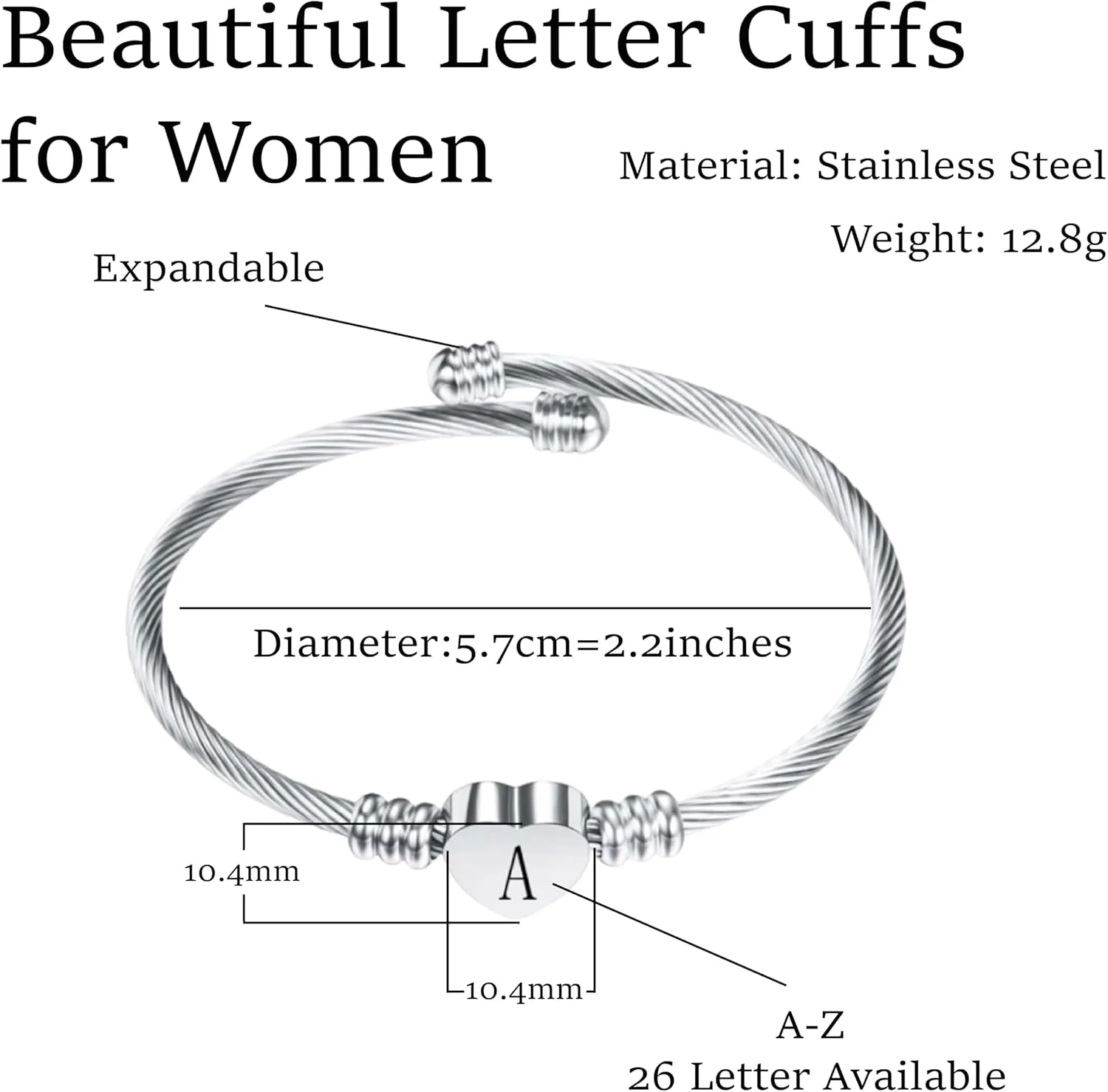 Silver Heart Initial Letter A to Z Cuff Bangle Bracelets for Women Personalized Alphabet Name Stainless Steel