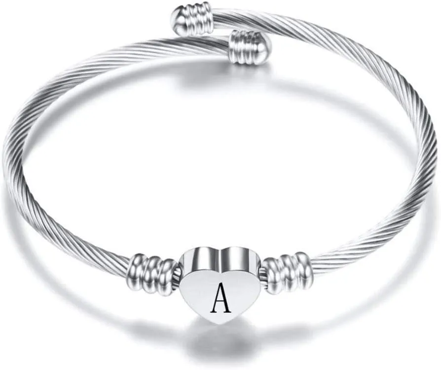 Silver Heart Initial Letter A to Z Cuff Bangle Bracelets for Women Personalized Alphabet Name Stainless Steel