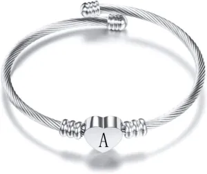 Silver Heart Initial Letter A to Z Cuff Bangle Bracelets for Women Personalized Alphabet Name Stainless Steel