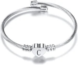 Silver Heart Initial Letter A to Z Cuff Bangle Bracelets for Women Personalized Alphabet Name Stainless Steel