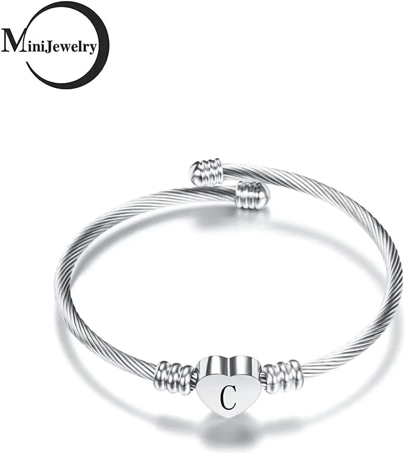 Silver Heart Initial Letter A to Z Cuff Bangle Bracelets for Women Personalized Alphabet Name Stainless Steel