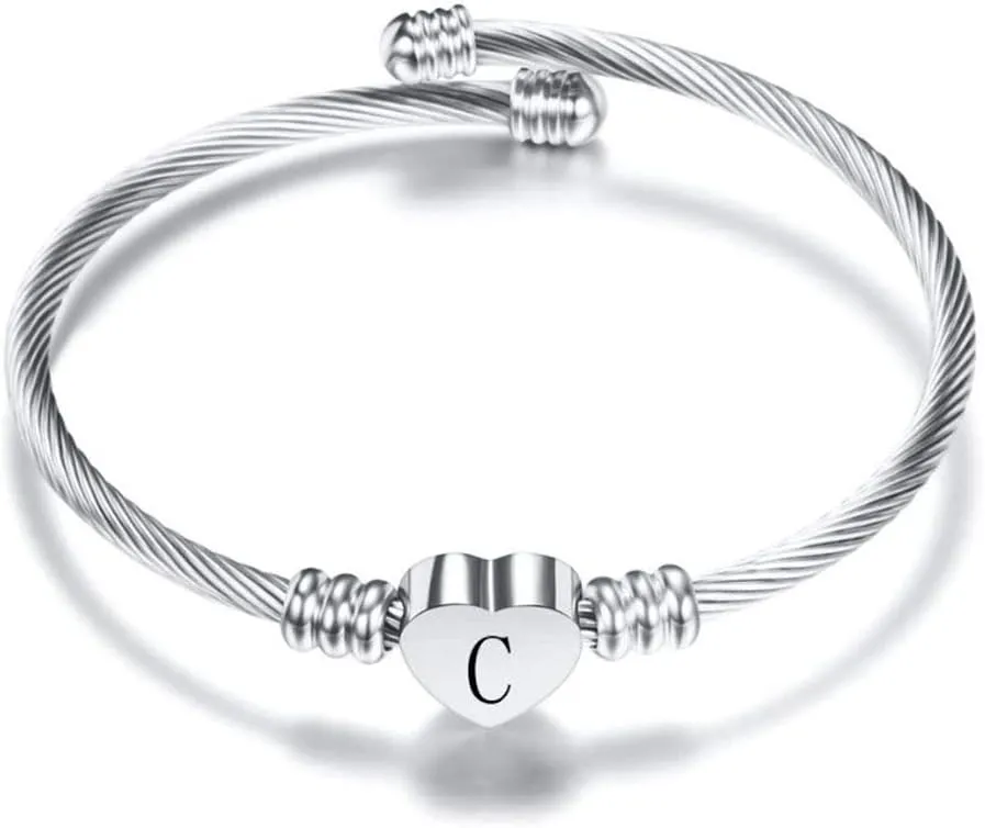 Silver Heart Initial Letter A to Z Cuff Bangle Bracelets for Women Personalized Alphabet Name Stainless Steel