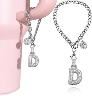 Silver Initial Charm for Stanley Cup- Bubble Letter Charms Accessories for Stanley handle 40 Oz Tumblers Cute Keychain with Diamond Glitter Jewelry Personalized Water Bottle Decorations D