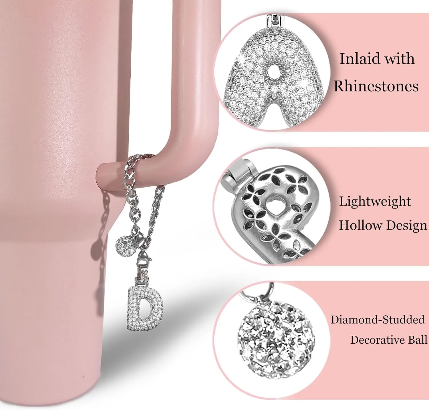 Silver Initial Charm for Stanley Cup- Bubble Letter Charms Accessories for Stanley handle 40 Oz Tumblers Cute Keychain with Diamond Glitter Jewelry Personalized Water Bottle Decorations D