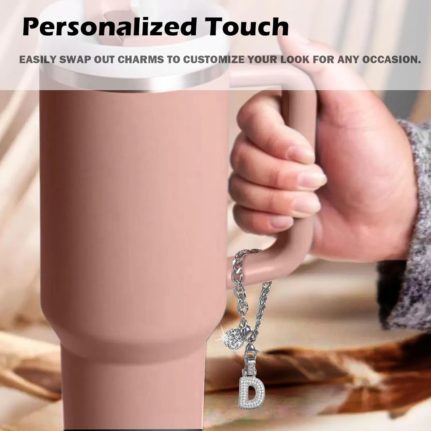 Silver Initial Charm for Stanley Cup- Bubble Letter Charms Accessories for Stanley handle 40 Oz Tumblers Cute Keychain with Diamond Glitter Jewelry Personalized Water Bottle Decorations D