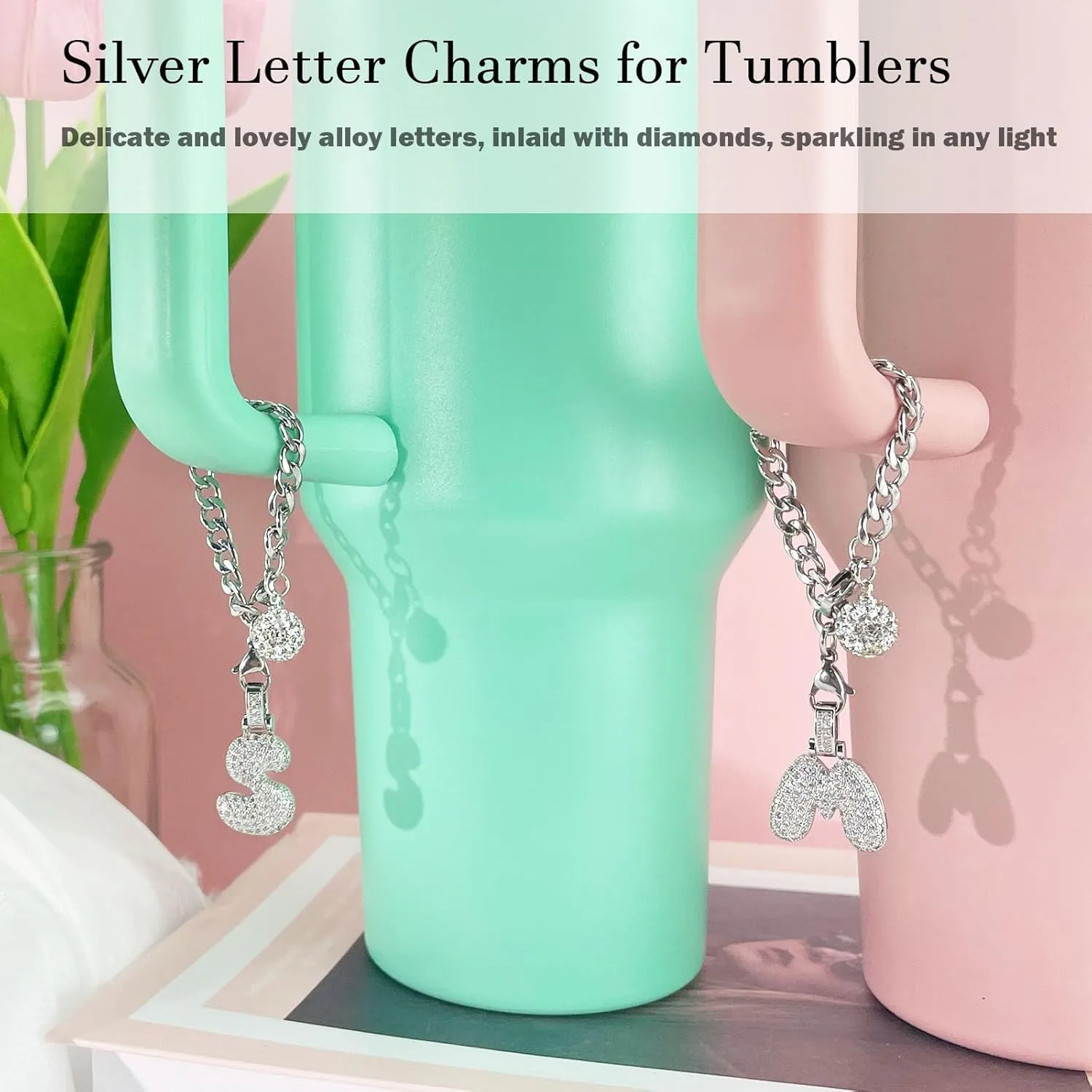 Silver Initial Charm for Stanley Cup- Bubble Letter Charms Accessories for Stanley handle 40 Oz Tumblers Cute Keychain with Diamond Glitter Jewelry Personalized Water Bottle Decorations D