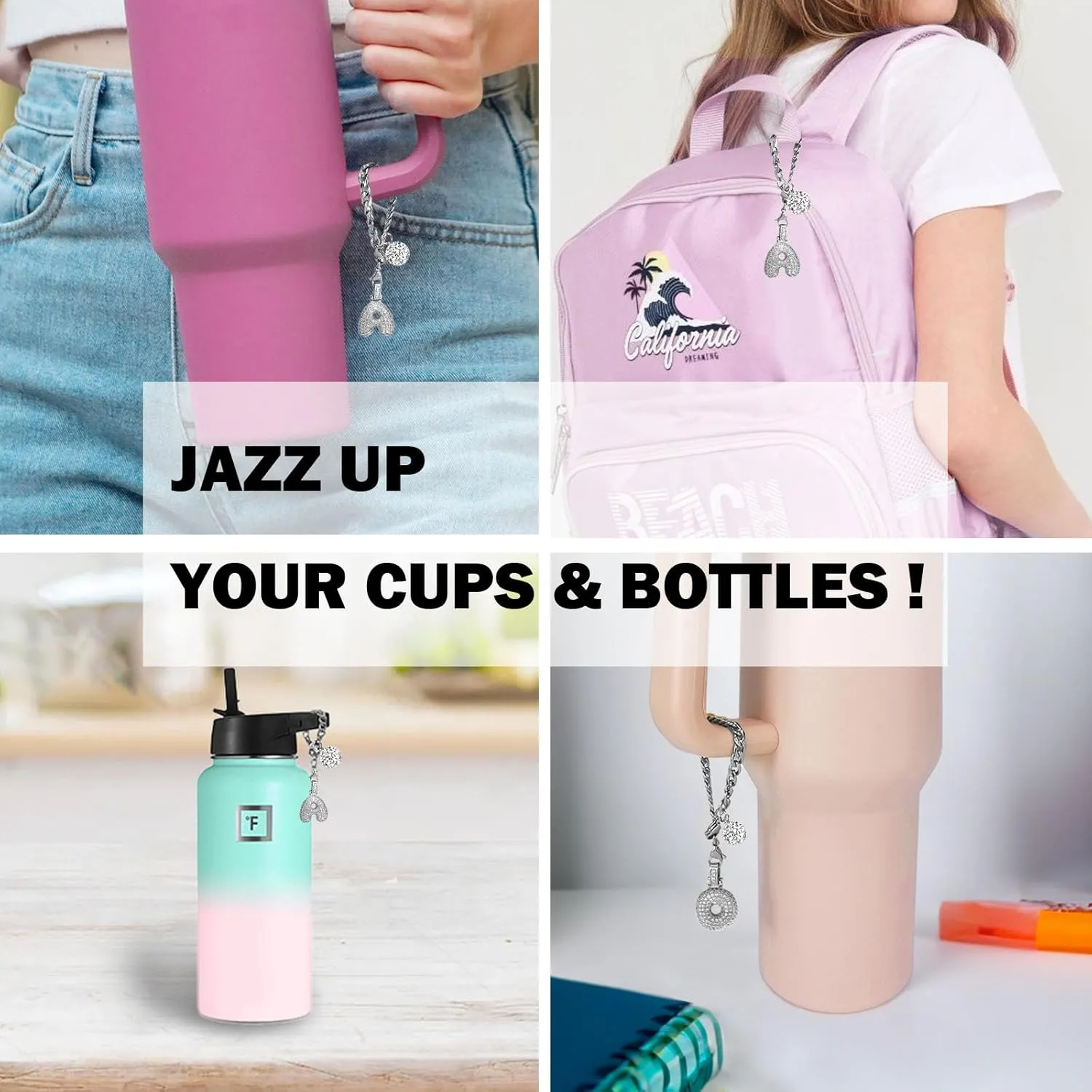 Silver Initial Charm for Stanley Cup- Bubble Letter Charms Accessories for Stanley handle 40 Oz Tumblers Cute Keychain with Diamond Glitter Jewelry Personalized Water Bottle Decorations M