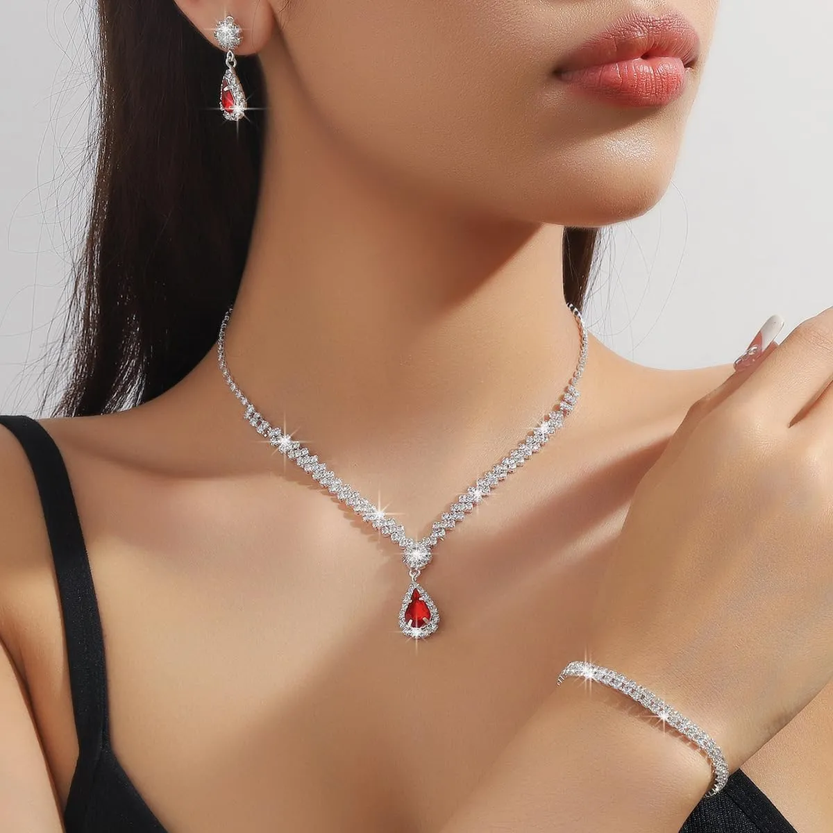 Silver Jewelry Set for Prom,Elegant Prom Jewelry Set Crystal Rhinestone Necklace Earrings Bracelet Brides Wedding Prom Dresses Costume Jewelry Accessories for Women