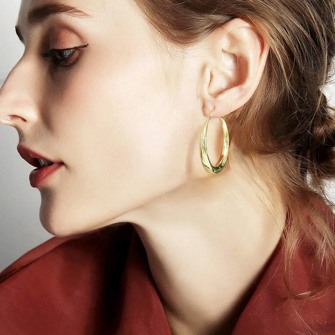 Silver Oval Hoop Earrings Hypoallergenic 14K Gold Plated Sterling Silver Lightweight Oval Hoop Earrings for Women Gilrs
