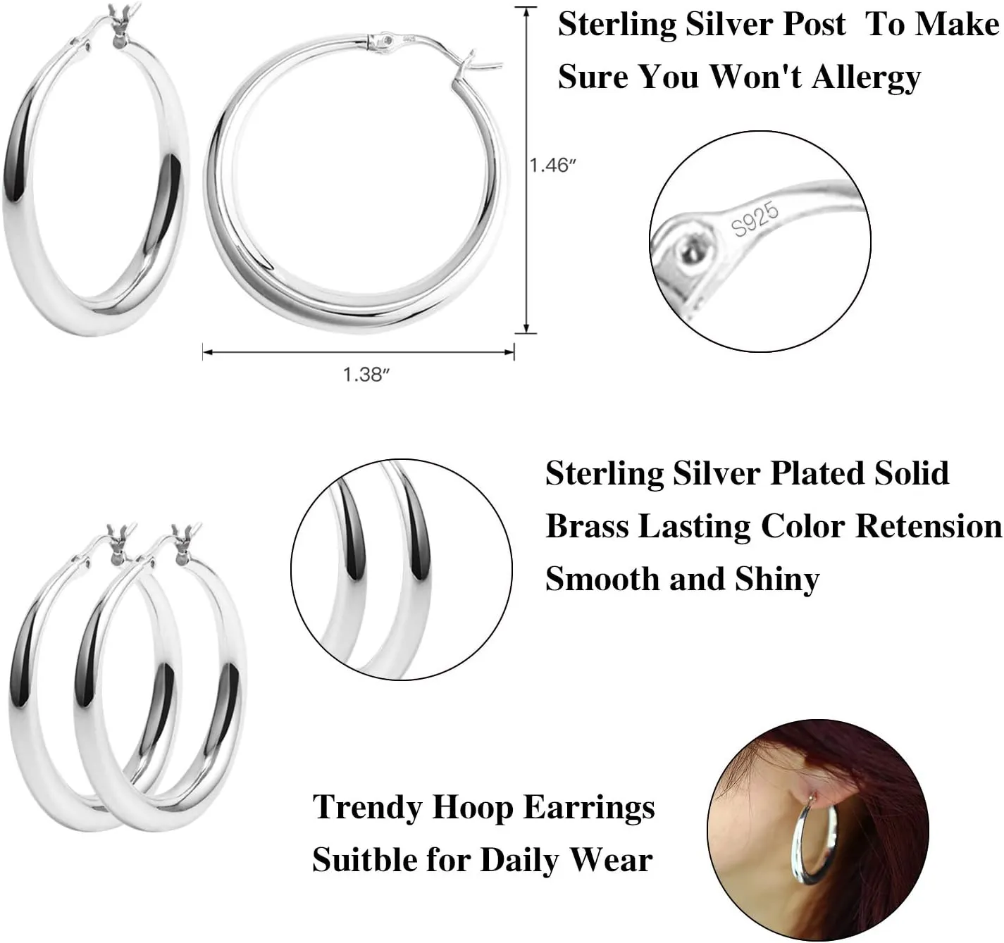 Silver Oval Hoop Earrings Hypoallergenic 14K Gold Plated Sterling Silver Lightweight Oval Hoop Earrings for Women Gilrs