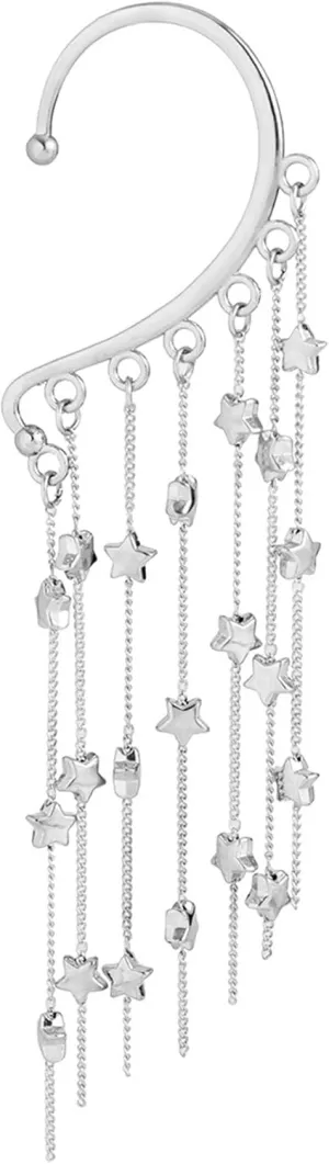 Silver Star Tassel Elf Ear Cuff Single Left Handmade Non Piercing Earring for Women