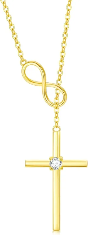 SISGEM 14K Real Gold Cross Necklace for Women,Yellow/White Gold Moissanite Infinity Cross Y-Necklaces,Anniversary Birthday Jewelry Present for Wife Mom 16''-18''