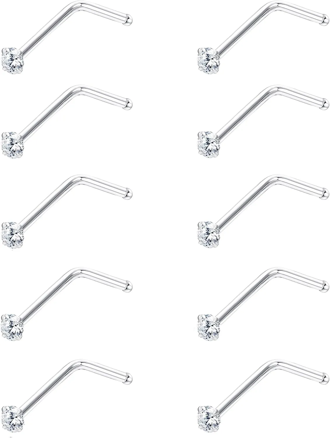 Sllaiss 10Pcs 22G Sterling Silver Small L Shape Nose Ring Studs for Women Mens Czech Crystal Curved Nose Piercings Set Body Jewelry Hypoallergenic