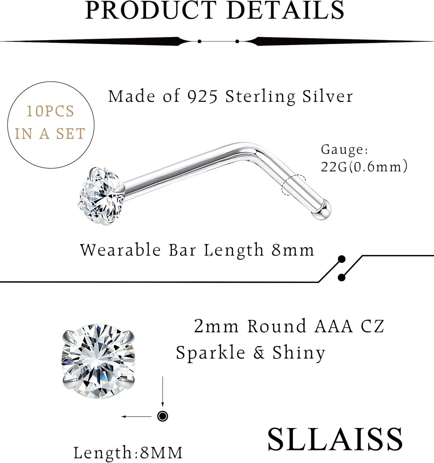 Sllaiss 10Pcs 22G Sterling Silver Small L Shape Nose Ring Studs for Women Mens Czech Crystal Curved Nose Piercings Set Body Jewelry Hypoallergenic