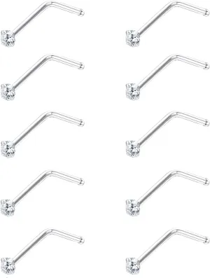 Sllaiss 10Pcs 22G Sterling Silver Small L Shape Nose Ring Studs for Women Mens Czech Crystal Curved Nose Piercings Set Body Jewelry Hypoallergenic