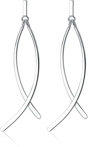 SLUYNZ Solid 925 Sterling Silver Shiny Bar Dangle Earrings for Women Teens Flat Bar Dangle Earrings Curve Line Earrings