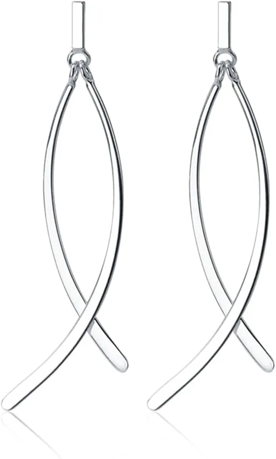 SLUYNZ Solid 925 Sterling Silver Shiny Bar Dangle Earrings for Women Teens Flat Bar Dangle Earrings Curve Line Earrings